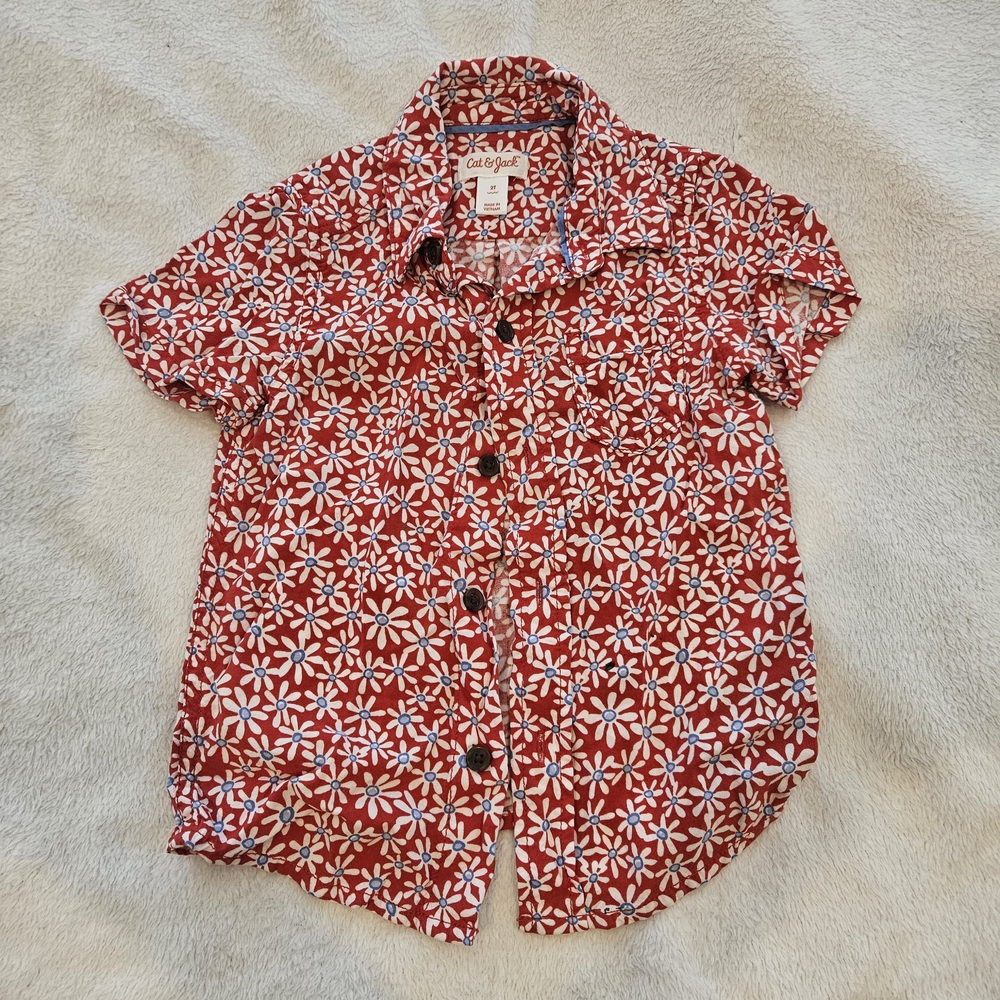 Cat & Jack Red Floral Short-Sleeve Button-Up Shirt for Men